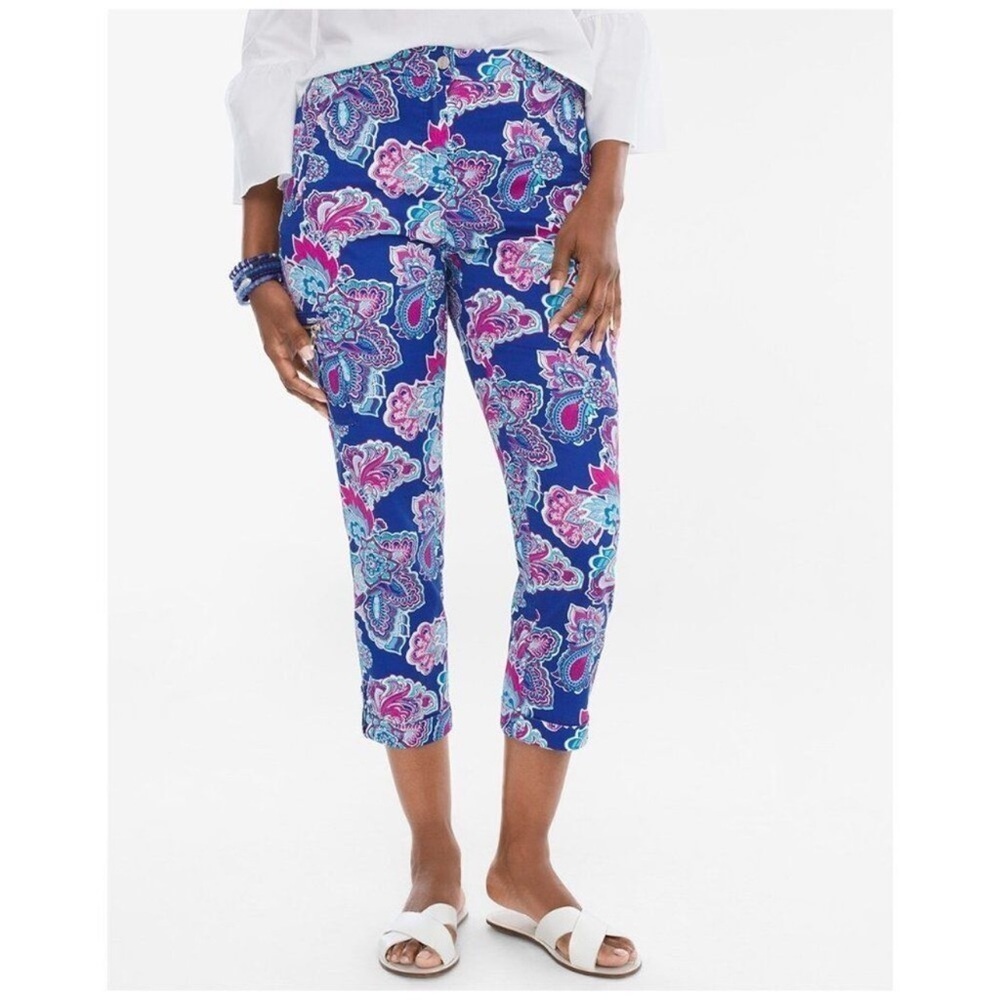 CHICO'S Blue Pink Floral Paisley Luxe Cropped Utility Cargo Zip Pants Petite 14